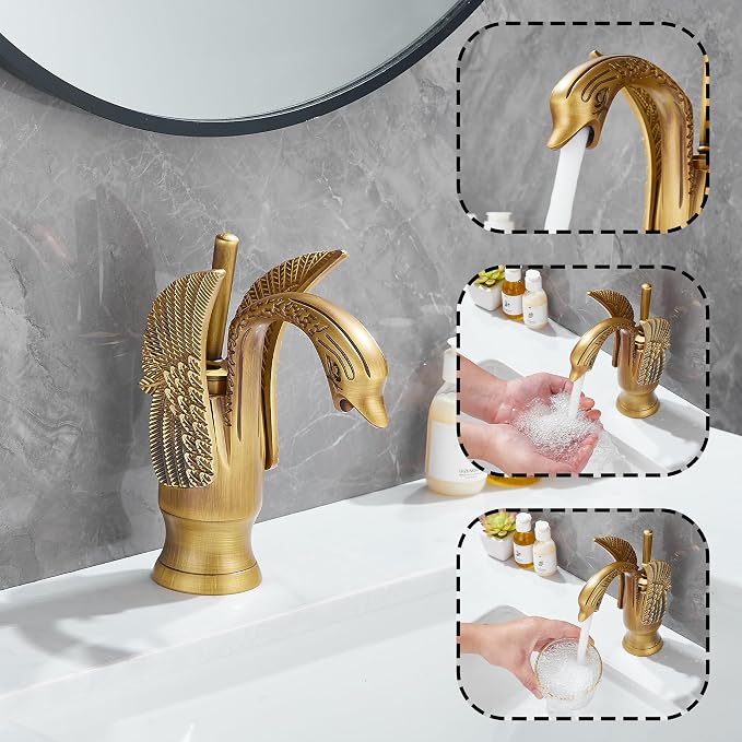 Bathroom Faucet Antique Brass Swan Single Handle One Hole Bathroom Vanity Faucet Basin Tap Deck Mount Lavatory