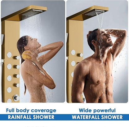 ROVOGO Gold Shower Panel Tower System with 4 Simultaneous Functions: Rainfall, Waterfall, Body Jets and Handheld, 304 Stainless Steel Shower Column Wall-Mount