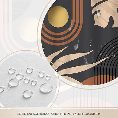Glawry Black Boho Mid Century Shower Curtain Abstract Beige Leaves Minimalist Simple Aesthetic Arch Sun Modern Bathroom Botanical 60Wx72L Inches Bath Accessories Art Home Decor Fabric 12 Pack Hooks