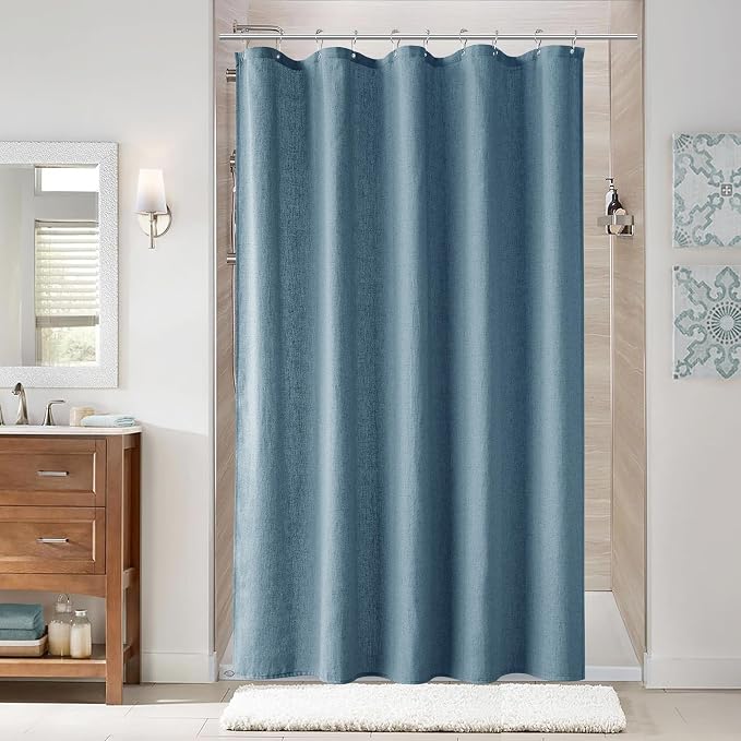 Blue Linen Shower Curtain, Cloth Textured Fabric Shower Curtain Set with Hooks, Simple Elegant Modern Farmhouse Country Ultra Thick Bath Curtains for Bathroom,Water Repellent,54x78
