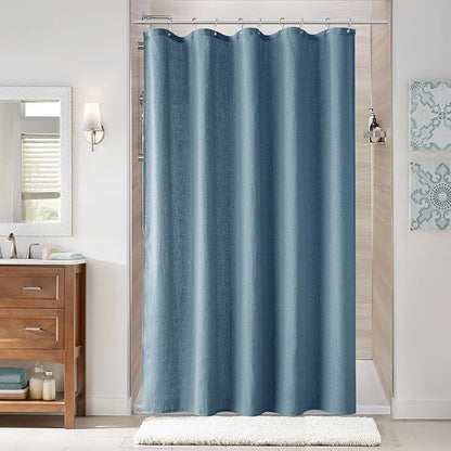 Blue Linen Shower Curtain, Cloth Textured Fabric Shower Curtain Set with Hooks, Simple Elegant Modern Farmhouse Country Ultra Thick Bath Curtains for Bathroom,Water Repellent,54x78