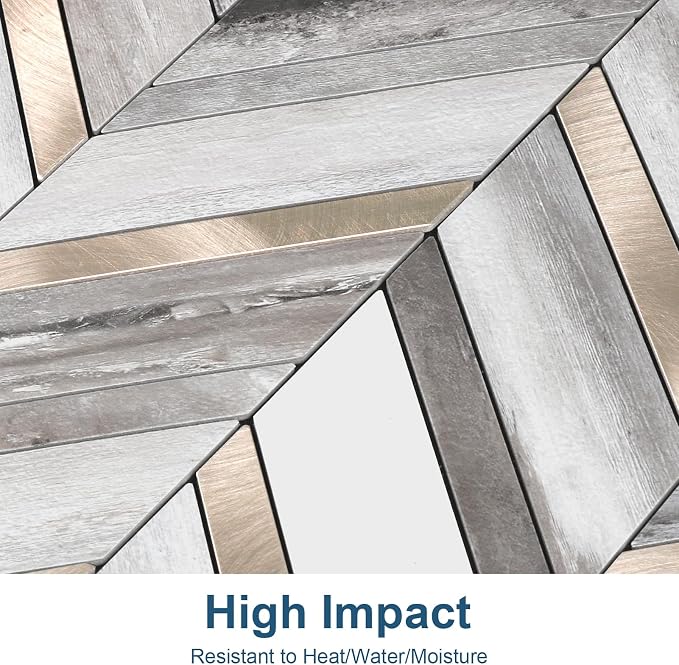 Yipscazo 10-Sheet Wood Grain Herringbone Peel and Stick Backsplash for Kitchen Walls,Heat Resistant PVC Mixed Metal Stick on Backsplash Tiles,Waterproof Peel and Stick Tile for Bathroom&Shower