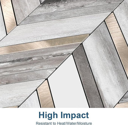 Yipscazo 10-Sheet Wood Grain Herringbone Peel and Stick Backsplash for Kitchen Walls,Heat Resistant PVC Mixed Metal Stick on Backsplash Tiles,Waterproof Peel and Stick Tile for Bathroom&Shower