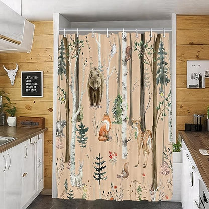 JAWO Rustic Forest Shower Curtain - Lodge Cabin Woodsy RV Wildlife Animals Woodland Campers Camping Bathroom Set with Hooks, 36X72 Inch, Brown