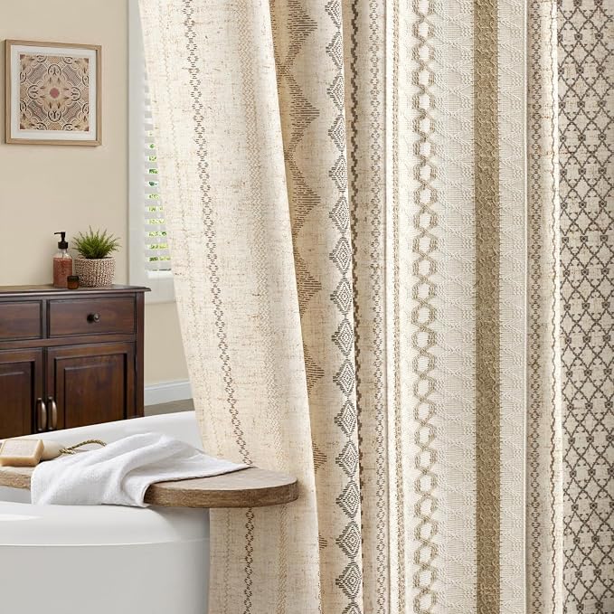 Natural Linen Boho Shower Curtain,72" W x 90" L | Linen Striped Print and Twine-Inspired Woven Center for Bathroom