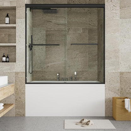 Sliding Shower Door, Aluminum Frame 60 inch W×59 inch H Glass Shower Door, Double Sliding Panels, Matte Black Finish, Easy Clean Glass, for Tub and Bathroom