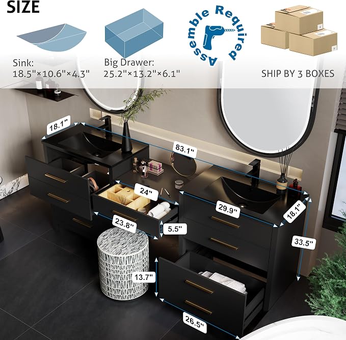 eclife 84" Bathroom Vanity Sink Combo, Modern Painted Vanities Storage Cabinet with 24" Mid Makeup Vanity Desk, 30" Dual Black Basins, Faucets & Drains, Black