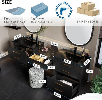 eclife 84" Bathroom Vanity Sink Combo, Modern Painted Vanities Storage Cabinet with 24" Mid Makeup Vanity Desk, 30" Dual Black Basins, Faucets & Drains, Black