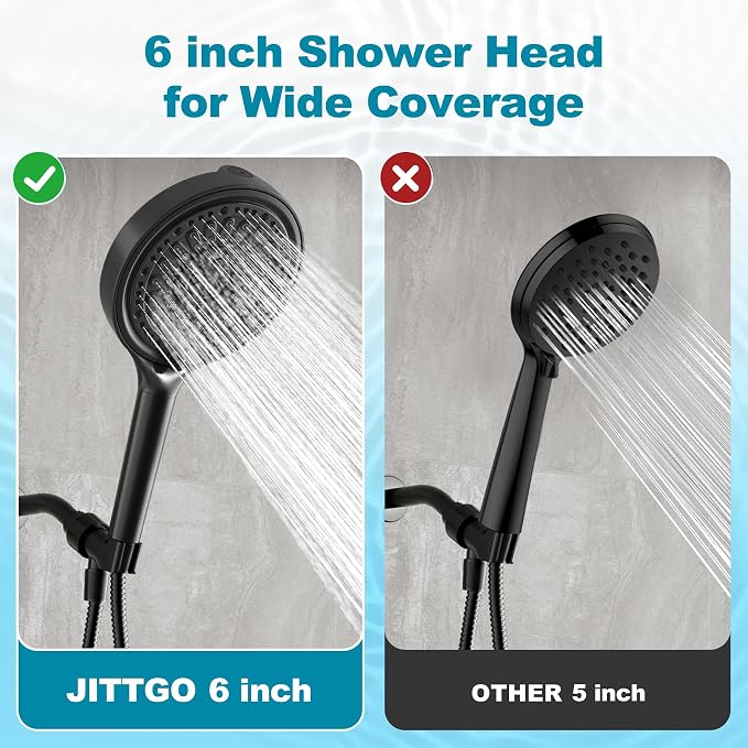 Handheld Filtered Shower Head, 6 Inch High Pressure Hand held Shower Head with Filters for Hard Water, 6 Spray Modes Detachable Showerhead with Hose, Matte Black