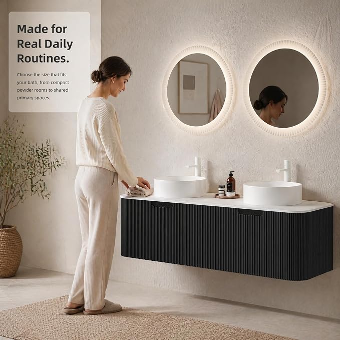60 Inch Double Sink Bathroom Vanity, Floating Wall Mounted Cabinet, Black Curved Fluted Front, Stone Top, Dual Pure White Round Vessel Basins, Pre-Assembled