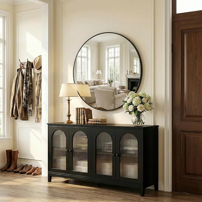 Antok 24 Inch Round Mirror for Wall, Round Bathroom Mirror, Circle Wall Mirrors with Black Metal Frame, Circle Mirrors Suitable for Wall, Bathroom, Vanity, Living Room, Entryway