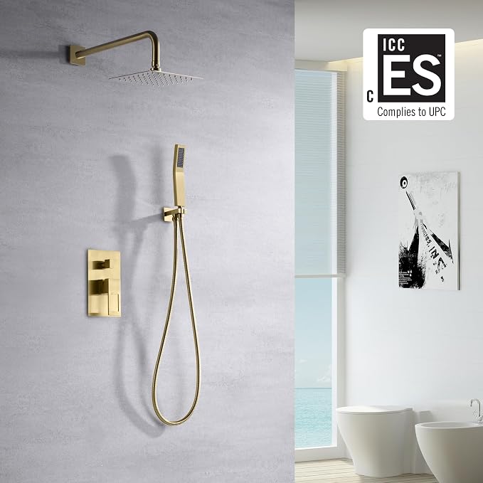 SUMERAIN Brushed Gold Shower System Pressure Balance Shower Faucet | 8 Inches Square Rain Shower Head, Hand Shower, Including Rough-In Valve, Anti-scald