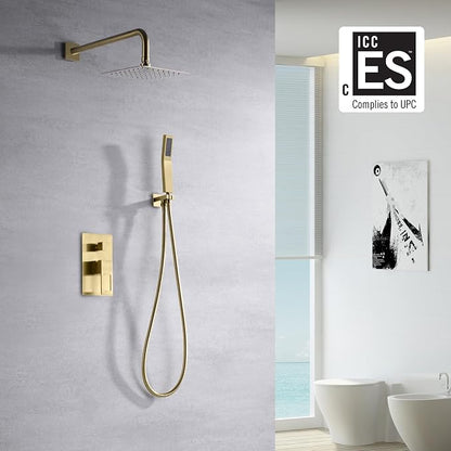 SUMERAIN Brushed Gold Shower System Pressure Balance Shower Faucet | 8 Inches Square Rain Shower Head, Hand Shower, Including Rough-In Valve, Anti-scald