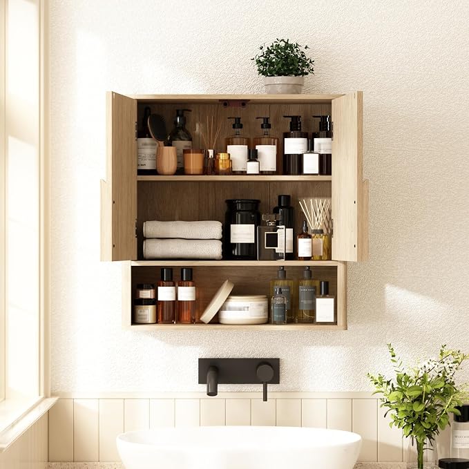 RUSTOWN Wall Mounted Bathroom Cabinets with Rounded Edges & Curved Handles | Adjustable Shelf, 3-Tier Over The Toilet Storage Cabinets, Modern Medicine Cabinet for Laundry Kitchen Living Room