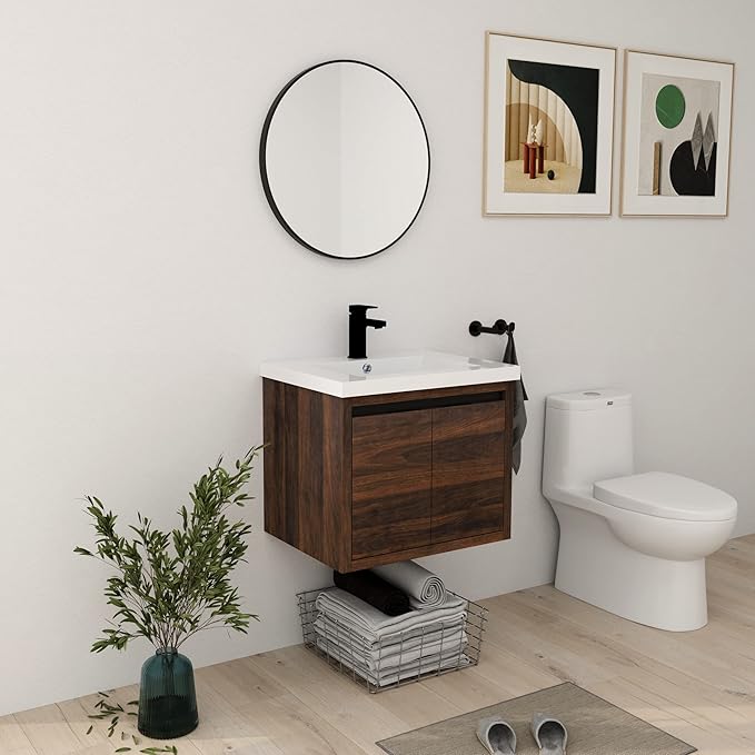 24 Inch Bathroom Vanity with Sink, Modern Floating Single Sink Bathroom Vanities Set, Wall-Mounted Bathroom Vanity, Soft Close Door (California Walnut, 18 * 24)