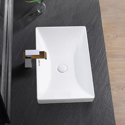 Semi Recessed Bathroom Sink 23"x15" Drop-in Vessel Sink White Porcelain Ceramic Modern Rectangular Sinks Basin Vanity Sinks with Overflow for Bathrooms