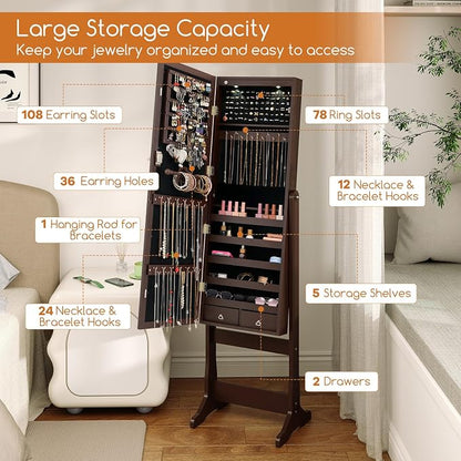 Giantex 2 LEDs Standing Jewelry Cabinet with Full Length Mirror, Lockable Mirrored Jewelry Armoire with 2 Drawers, 4 Adjustable Angles, Jewelry Storage Organizer, Brown