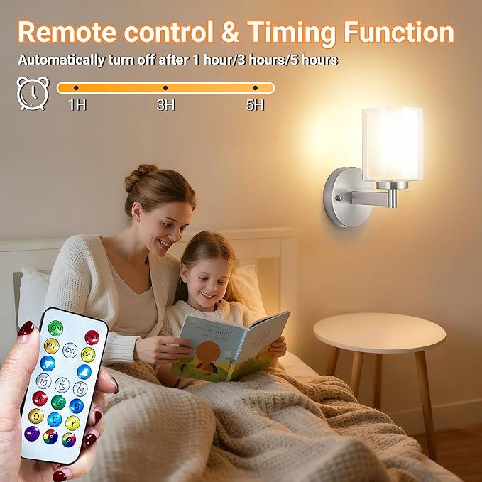 Battery Operated Wall Sconce Set of 2, Wireless Wall Sconce with Remote,10000mAh Rechargeable RGB Dimmable Bathroom Light Fixtures with Double Clear Glass Shade NOT Hardwired (Nickel)