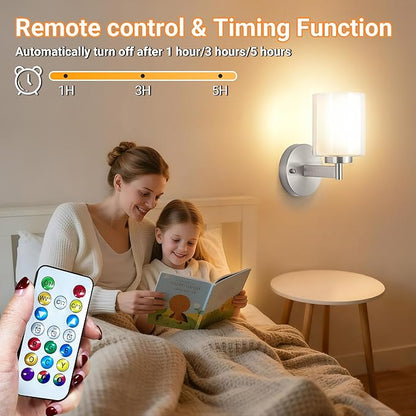 Battery Operated Wall Sconce Set of 2, Wireless Wall Sconce with Remote,10000mAh Rechargeable RGB Dimmable Bathroom Light Fixtures with Double Clear Glass Shade NOT Hardwired (Nickel)