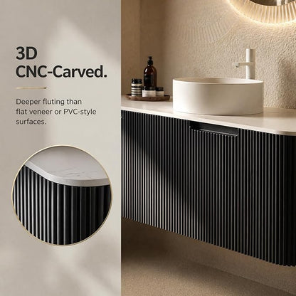 48 Inch Bathroom Vanity with Sink, Floating Wall Mounted Single Sink Vanity, Black Curved Fluted Front, Stone Top, Pure White Round Vessel Basin, Pre-Assembled