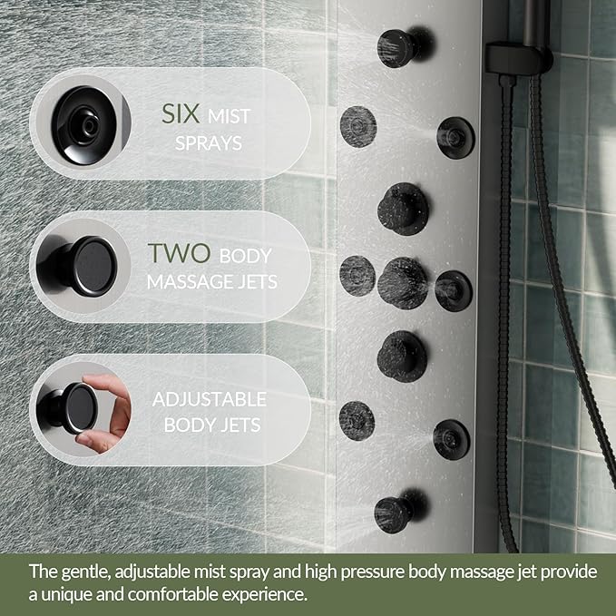 5 In 1 Shower Panel Tower System, 304 Stainless Steel LED Rainfall Shower Head with 8 Massage Body Jets, 3 Functions Handheld Head and Tub Spout for Home Hotel Bathroom Lavatory, Brushed Nickel