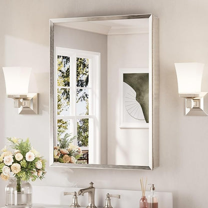 Keonjinn Brushed Nickel Medicine Cabinet Mirror 24" x 32", Assembly Needed, Recessed Medicine Cabinet with Mirror for Bathroom, Beveled Framed, Surface Wall-Mounted or Recessed, Tempered Glass