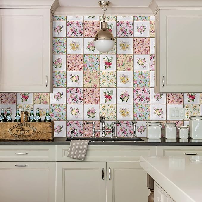 Alwayspon Vinyl Sticker Peel and Stick, Self-Adhesive Wall Tile Transfers Backsplash Sticker Decal for Kitchen Bathroom, 6x6inch/15x15cm 30Pcs, Floral Painting T038