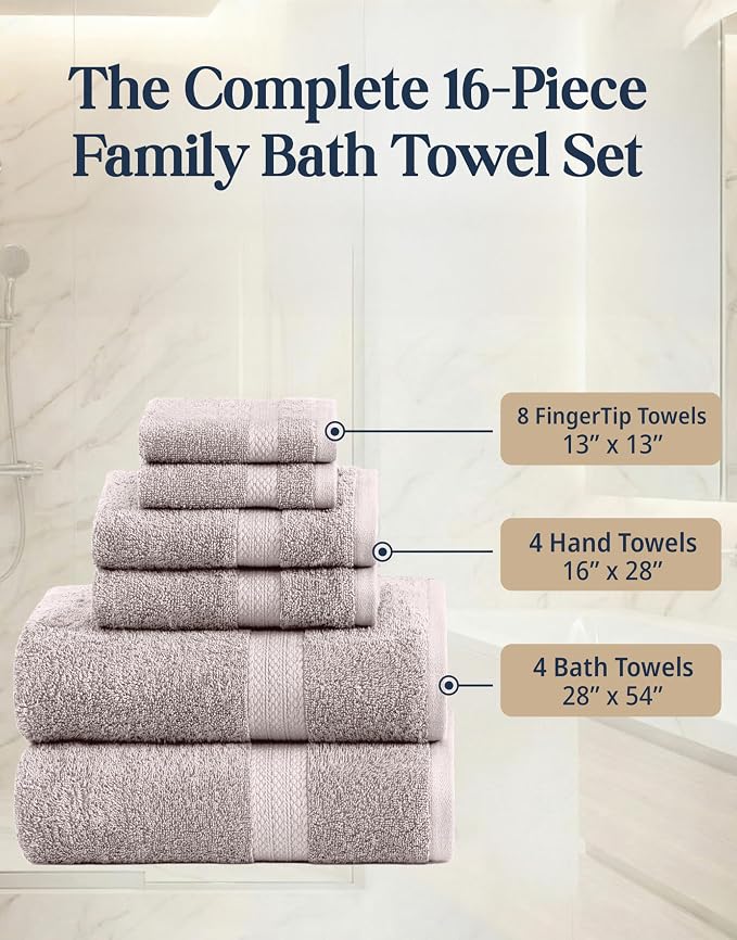 LANE LINEN Bath Towel Set 100% Cotton 16 Piece Soft Absorbent - Platinum | Cotton Towel Set - Densely Woven & Soft, Easy-Care, Coordinated Colors, OEKO-TEX Certified, Ring-Spun Durability