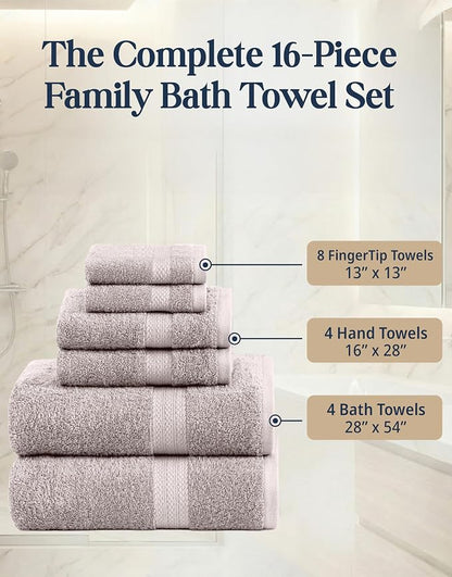 LANE LINEN Bath Towel Set 100% Cotton 16 Piece Soft Absorbent - Platinum | Cotton Towel Set - Densely Woven & Soft, Easy-Care, Coordinated Colors, OEKO-TEX Certified, Ring-Spun Durability