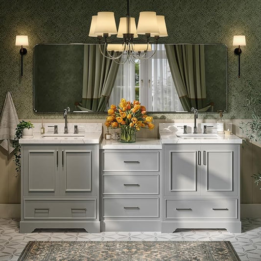 ARIEL Stafford 84-inch Bathroom Vanity with Sink,Solid Wood, 1.5in Carrara White Quartz Countertop & Backsplash, Double Rectangular Porcelain Sink, 4 Soft Closing Doors, 5 Dovetail Drawers, Grey