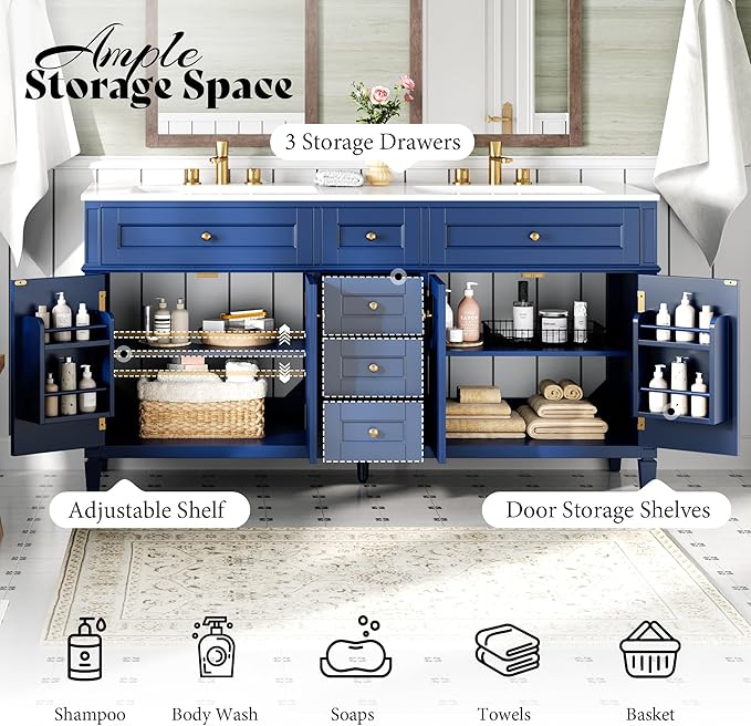 AMERLIFE 60" Bathroom Vanity with Double Sink, Modern Solid Wood Vanity Cabinet, 30-Minute Easy Assembly, 3 Storage Drawers & Adjustable Shelves, Navy Blue