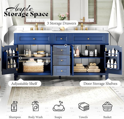 AMERLIFE 60" Bathroom Vanity with Double Sink, Modern Solid Wood Vanity Cabinet, 30-Minute Easy Assembly, 3 Storage Drawers & Adjustable Shelves, Navy Blue