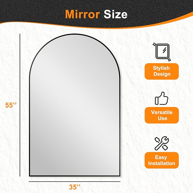 Arched Bathroom Mirror, 55"x35", Black