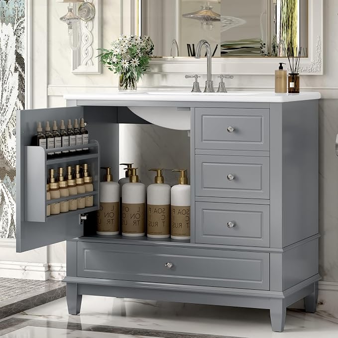 36" Vanity with Sink, Bathroom Vanities 36 Inch with Sink, Single Sink Bathroom Vanity with Door Shelf and Three Drawers, Restroom Vanity with Sink Top (Grey)