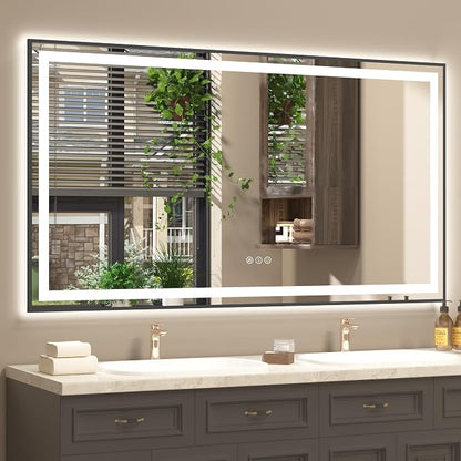 OKPAL 72x40 Framed LED Bathroom Mirror with Lights, Large Lighted Vanity Mirrors for Bathroom Wall, Dimmable, Anti-Fog, Shatter-Proof, Memory, ETL Listed (Front Light + Backlit)