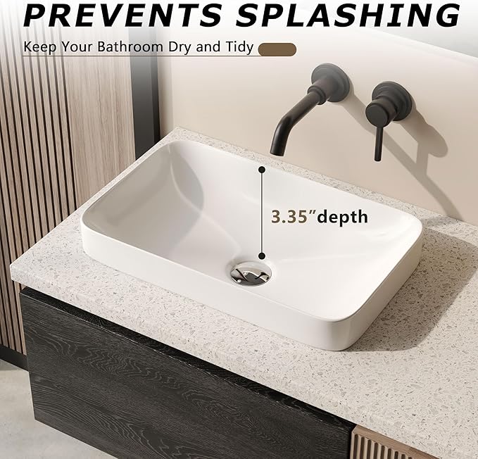 DeerValley 19" x 12" Semi-Recessed Ceramic Vessel Sink for Bathroom Vanity, Rectangular White Countertop Above Counter Basin with No Overflow Hole, Modern Bathroom Sink Bowl