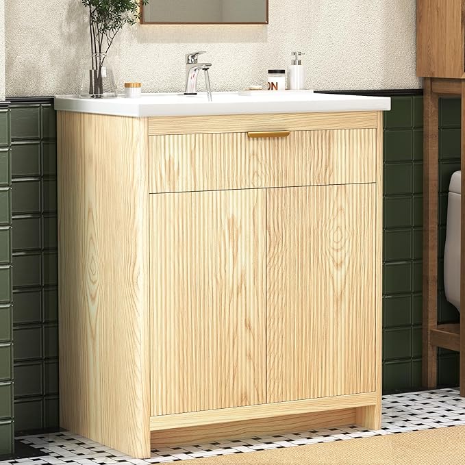 32 Inch Bathroom Vanity with Sink, Bathroom Vanity Cabinet with Single Sink, Bath Vanities with 2 Doors and 1 Flip Drawer, Natural Oak (19" D x 32" W x 36" H)