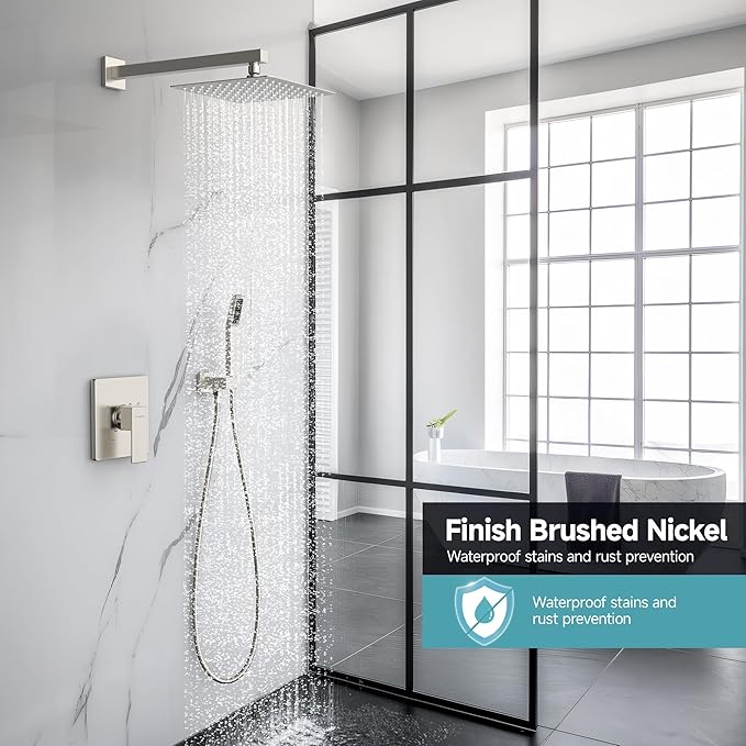 SR SUN RISE Shower Faucet Set & System - 10 Inch Rainfall Shower Head & Handle Set Wall Mounted Brushed Nickel Solid Brass Valve Trim Kit Included
