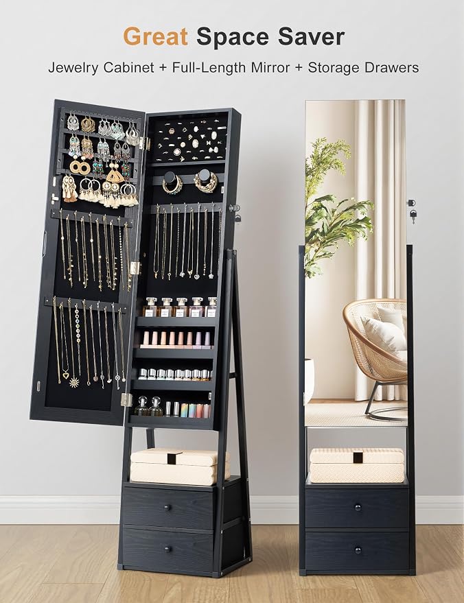 Nicetree Jewelry Cabinet Armoire, 2 Drawers, Full Length Mirror, Black | Standing Mirror Jewelry Cabinet, Lockable Jewelry Armoire with Mirror, Adjustable Angles, Easy Assembly, Gift Idea, HD Glass
