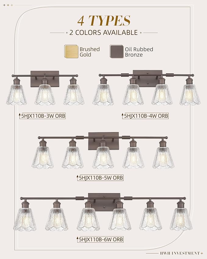 3-Light Bathroom Light Fixtures, HWH Farmhouse Sconce Wall Lighting for Mirror, Modern Wall Sconces with Clear Floral Glass, Oil-Rubbed Bronze Finish, 5HJX110B-3W ORB
