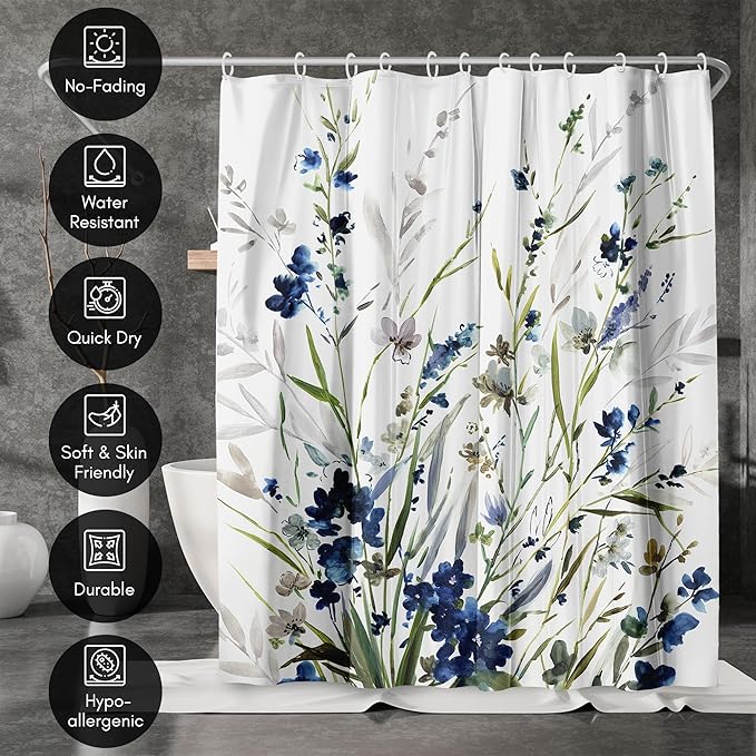 Americanflat 71x74 Floral Shower Curtain - Water-Resistant Long Shower Curtain with Durable Metal Grommets and 12 Hooks - 100% Polyester - Botanical Bathroom Curtains - Blue, Green, Taupe and White