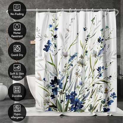 Americanflat 71x74 Floral Shower Curtain - Water-Resistant Long Shower Curtain with Durable Metal Grommets and 12 Hooks - 100% Polyester - Botanical Bathroom Curtains - Blue, Green, Taupe and White