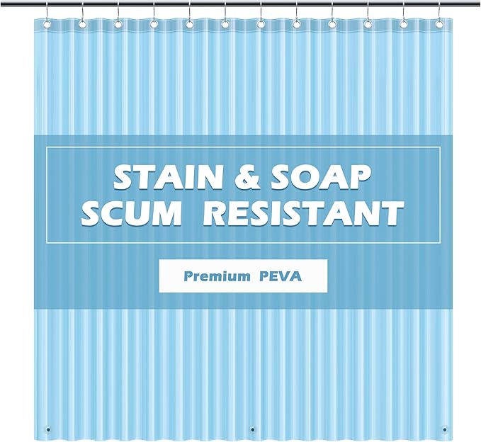 EHZNZIE Shower Curtain Liner Light Weight PEVA, Shower Liner 72x72 Inches, Waterproof, No Chemical Smell with 12 Rust Proof Metal Grommets for Bathroom Shower Curtain, Clear Blue