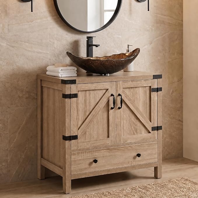 28 inch Natural Color Bathroom Vanity, Rustic Fixture Standing Pedestal Cabinet with Brown Leaf Vessel Sink