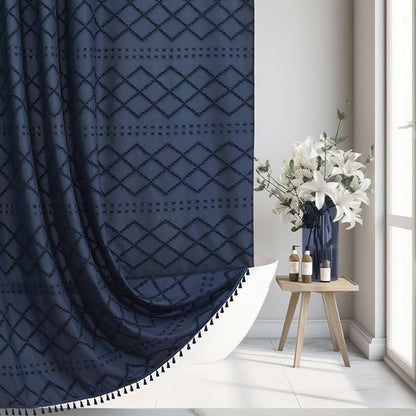 Siiluminisoy Extra Long Boho Farmhouse Shower Curtain, 72 x 78 Tufted Chevron Textured Striped Modern Minimalist Navy Blue Fabric Shower Curtain for Bathroom