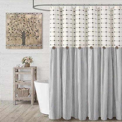 Farmhouse Shower Curtain Button Plaid-Cream-Black Stripe 72"W x 72"L | Farmhouse Style, Chic Button, Striped, Linen Fabric, Rustic, Country, Natural Look, Washable, for Bathroom Bathtub