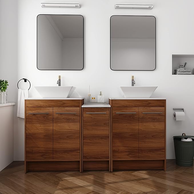 60" Bathroom Vanity with Sink, Freestanding Double Vessel Sink Bathroom Vanity Combo, Modern Vanity with Ceramic Countertop, 60 Inch Brown Floor Stand Cabinet Set(BRE101, 60 * 18)