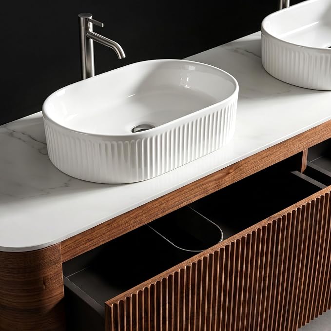 72" Preassembled Double Floating Bathroom Vanity with White Sink, Walnut | Mid-Century Modern Style, Fluted & Soft-Close Drawer with U-shaped Wall, Sinterted Stone Countertop, Towel Rack Included