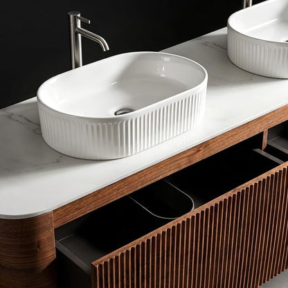 72" Preassembled Double Floating Bathroom Vanity with White Sink, Walnut | Mid-Century Modern Style, Fluted & Soft-Close Drawer with U-shaped Wall, Sinterted Stone Countertop, Towel Rack Included