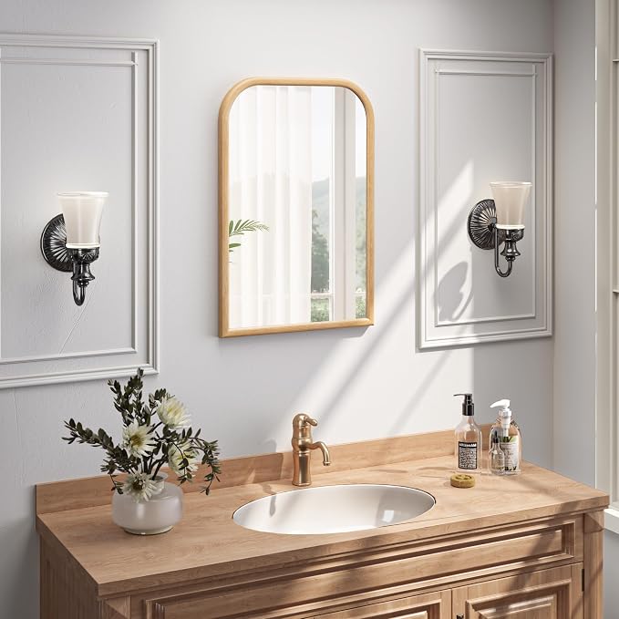 20"x30" Arch Wall Mirror for Wall, Wall Mounted Vanity Mirror for Bedroom, Wood Grain Finish Frame Mirror with Tempered Glass, Vintage Decorative for Bathroom, Entryway, Living Room, Natural